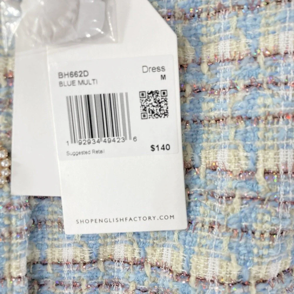Wool Tweed Pearl Button Mini Dress Mod Woven Baby Blue Retro Womens M NWT $140